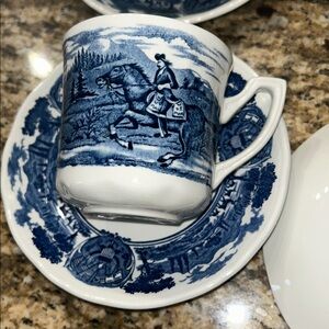J&G Meakin American Hurrah Man on Horse Flat/Porcelain Tea Cup Set (4), England